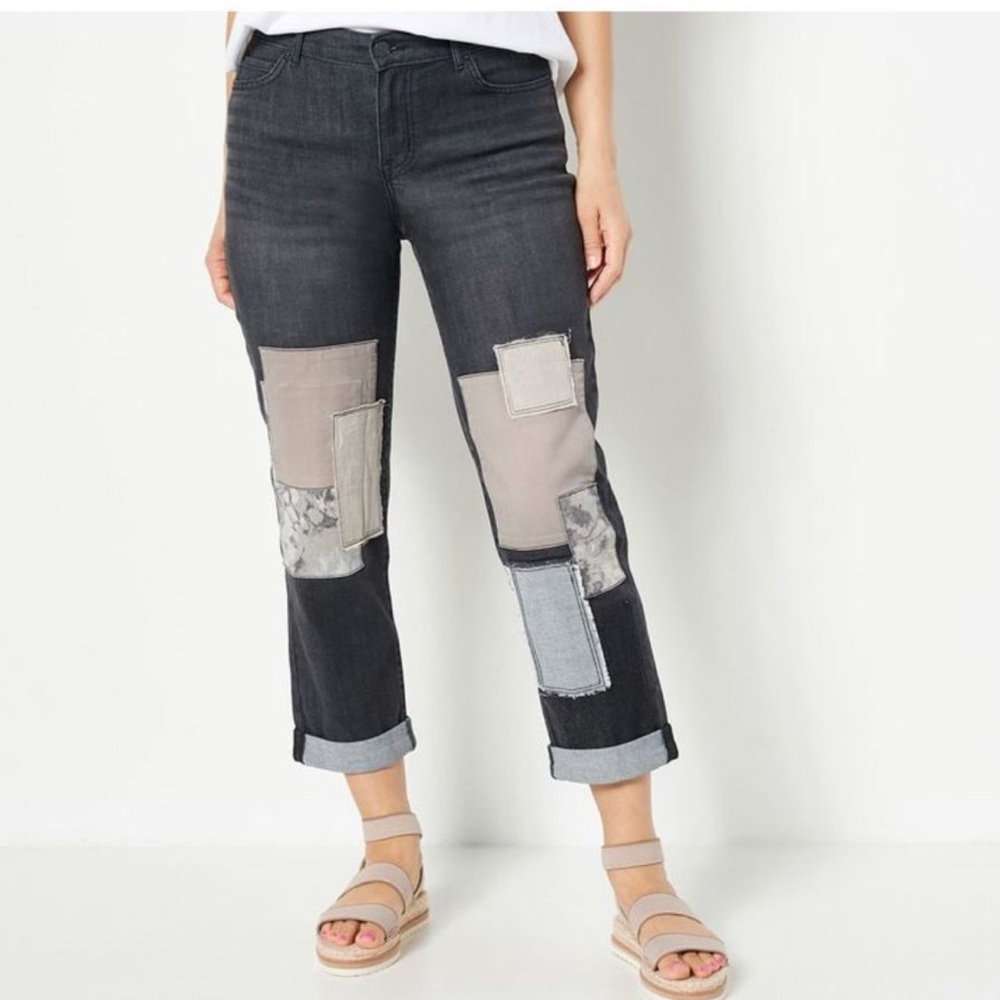 LOGO Lavish by Lori Goldstein Black Washed Boyfriend Jeans with Patchwork